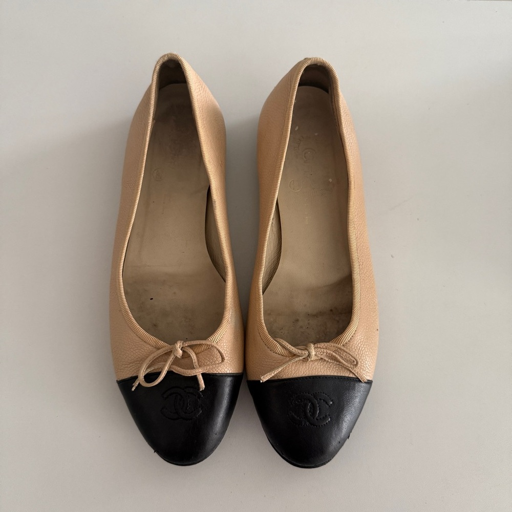 Chanel Lambskin Two Tone Nude & Black Toe Ballet Flats Size 39 RESOLED